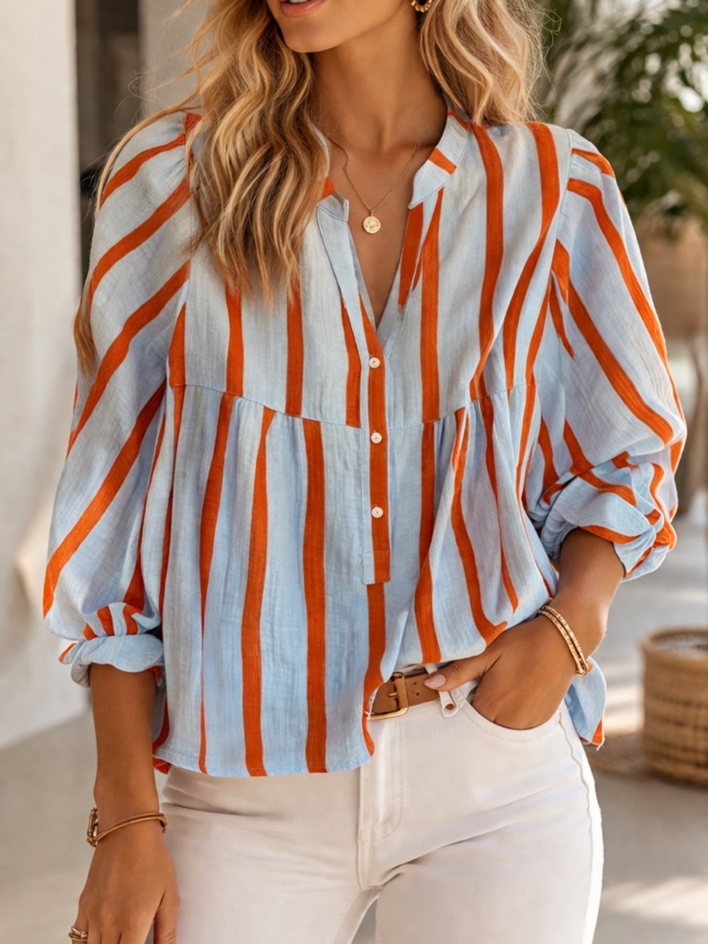 Striped Button-Front Peasant Blouse - Light Blue & Rust